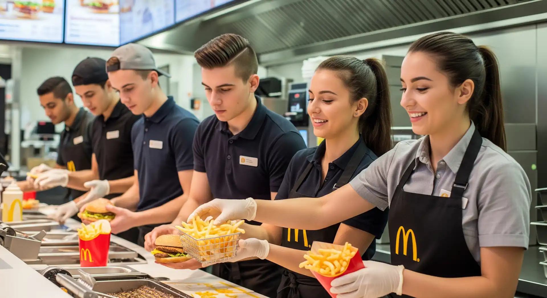 Команда работников Макдональдс слаженно работает на кухне ресторана в Польше.